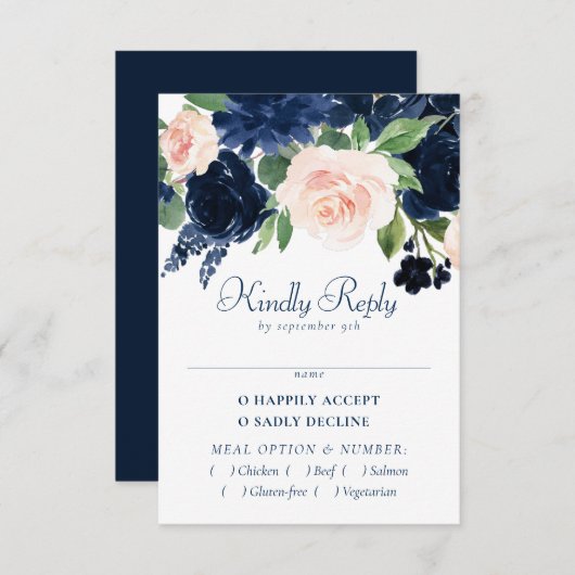 Chic Blooms | Navy Blue and Blush Pink Floral RSVP Karte (Vorne/Hinten)