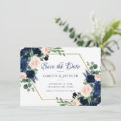 Chic Blooms | Navy Blue and Blush Pink Floral Save The Date (Stehend Vorderseite)
