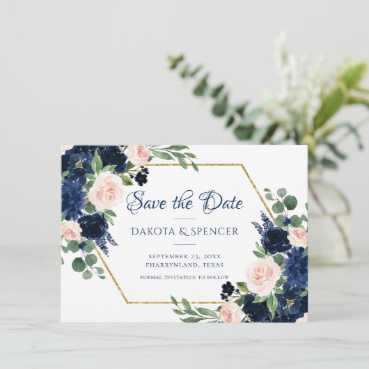 Chic Blooms | Navy Blue and Blush Pink Floral Save The Date (Stehend Vorderseite)