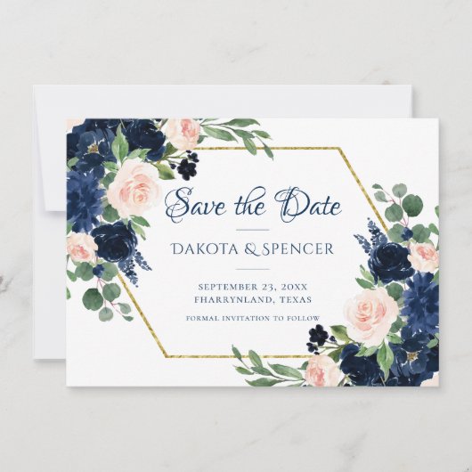 Chic Blooms | Navy Blue and Blush Pink Floral Save The Date (Vorderseite)