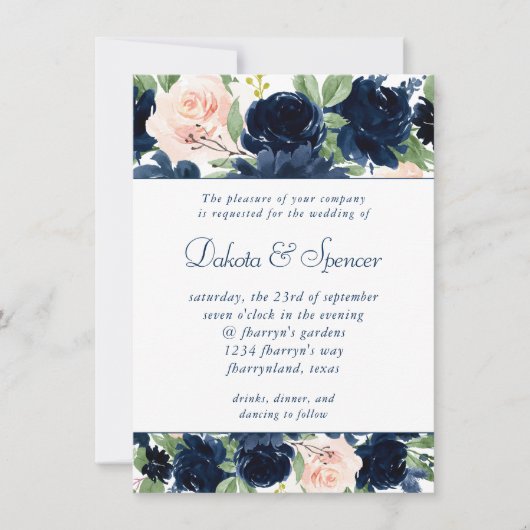 Chic Blooms | Navy Blue and Blush Pink Garland Einladung (Vorderseite)