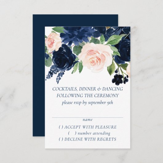 Chic Blooms | Navy Blue and Blush Pink Garland RSVP Karte (Vorne/Hinten)
