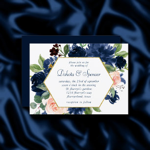 Chic Blooms Navy Blue and Blush Pink Gold Frame Einladung