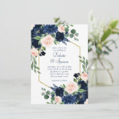 Chic Blooms | Navy Blue and Blush Pink Gold Frame Einladung (Stehend Vorderseite)