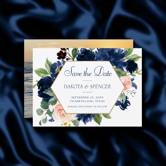 Chic Blooms | Navy Blue and Blush Pink Gold Frame Save The Date