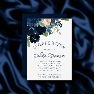 Chic Blooms   Navy Blue and Blush Pink Rose Floral Einladung