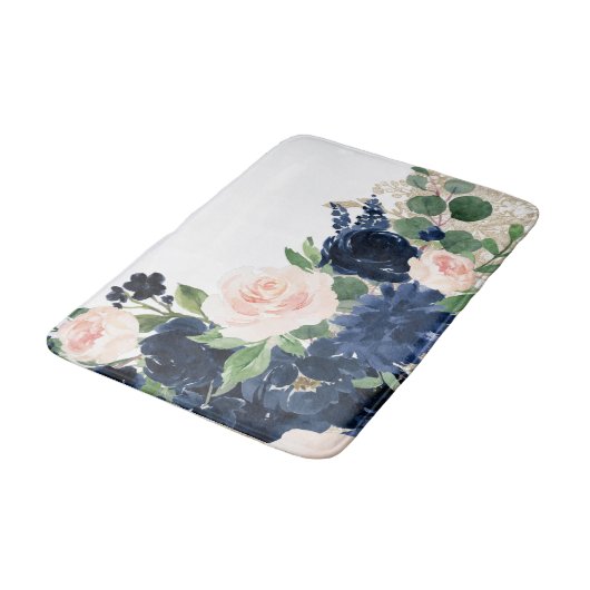 Chic Blooms | Navy Blue and Blush Rosen Shimmer Badematte (Schrägansicht)