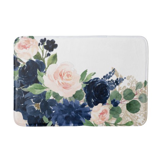 Chic Blooms | Navy Blue and Blush Rosen Shimmer Badematte (Vorderseite)