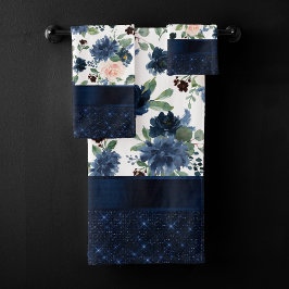 Chic Blooms | Navy Blue and Blush Rosen Shimmer Badhandtuch Set