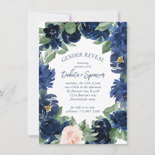 Chic Blooms | Navy Blue Blush Floral Brautparty Einladung (Vorderseite)