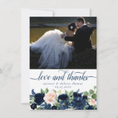 Chic Blooms | Navy Blue Blush Pink Foto Liebe und Dankeskarte (Vorderseite)