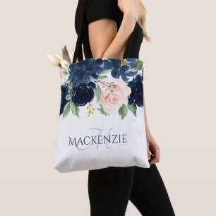 Chic Blooms Navy Blue und Blush Pink Rose Custom Tasche