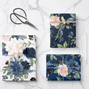 Chic Blooms   Navyblau- und Rosenrot-Blumenmuster Geschenkpapier Set