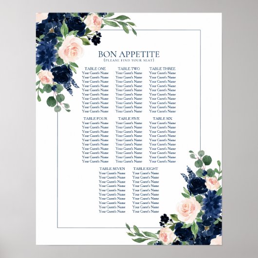 Chic Blooms | Seekarte für Navy und Blush Poster (Vorne)