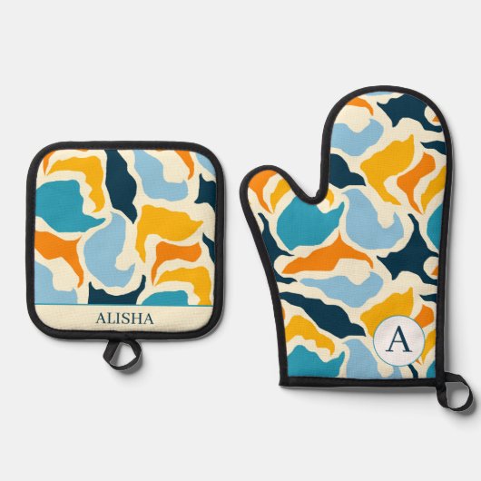 Chic Blue Abstrakt Künstlerisch Moderne Custom Ofenhandschuh & Topflappen-Set (Vorderseite)