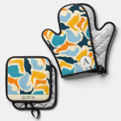 Chic Blue Abstrakt Künstlerisch Moderne Custom Ofenhandschuh & Topflappen-Set (Vorderseite/Rückseite)