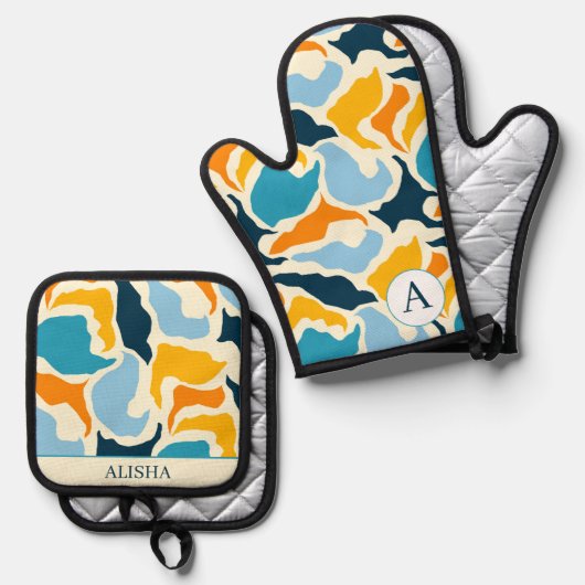 Chic Blue Abstrakt Künstlerisch Moderne Custom Ofenhandschuh & Topflappen-Set (Vorderseite/Rückseite)