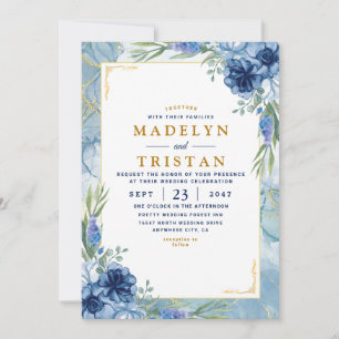 Chic Blue and Gold Floral Foto Wedding Einladung