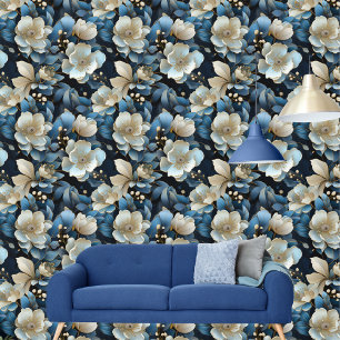 Chic Blue and Gold Floral Muster Peel and Stick Tapete