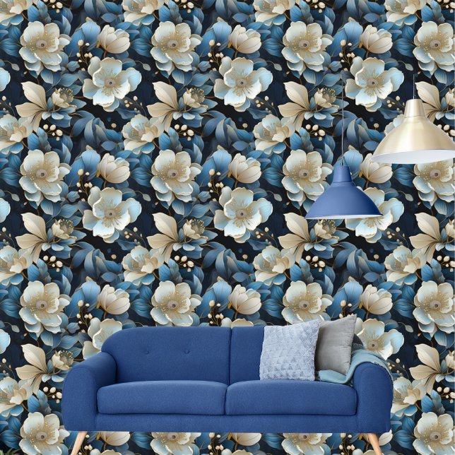 Chic Blue and Gold Floral Muster Peel and Stick Tapete (Von Creator hochgeladen)