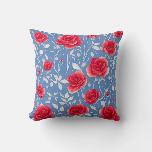 Chic Blue and Red Watercolor Blumenmuster Kissen (Vorderseite)