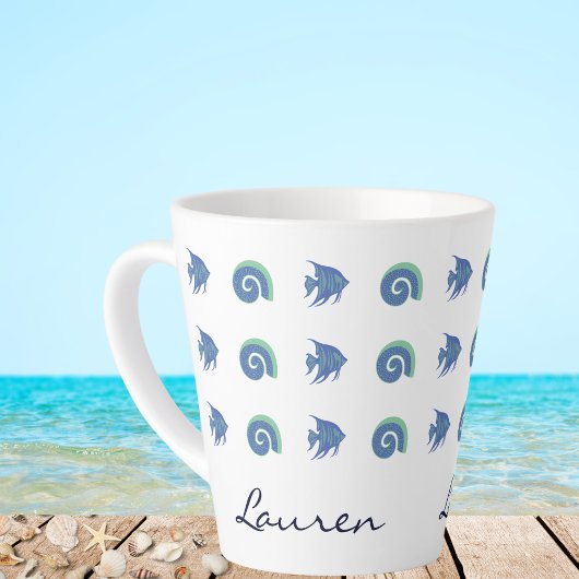Chic Blue and White Fish Muscheln Beach House Milchtasse