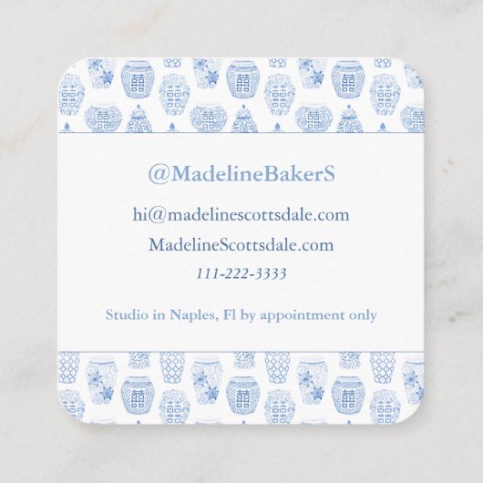 Chic Blue and White Ginger Jar Designer ruft Quadratische Visitenkarte (Rückseite)