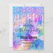 Chic blue aqua unicorn dripping Glitzer monogram Einladung (Vorderseite)