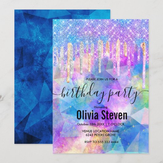 Chic blue aqua unicorn dripping Glitzer monogram Einladung (Vorne/Hinten)