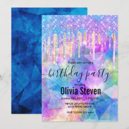 Chic blue aqua unicorn dripping Glitzer monogram Einladung