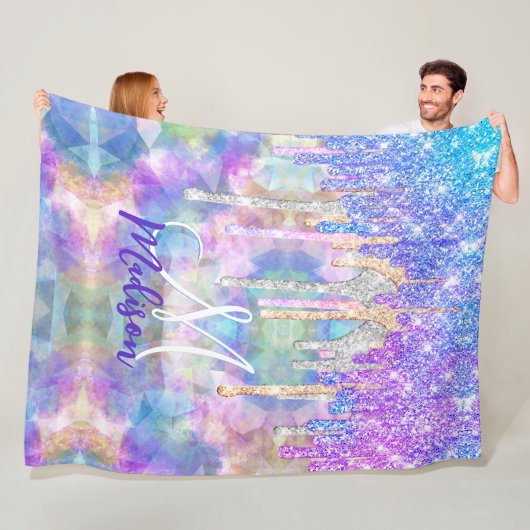 Chic blue aqua unicorn dripping Glitzer monogram Fleecedecke (Beispiel)