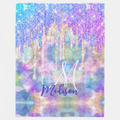 Chic blue aqua unicorn dripping Glitzer monogram Fleecedecke (Vorderseite)