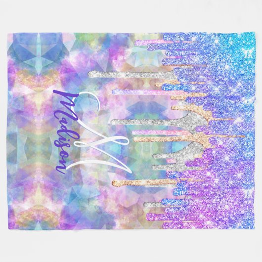 Chic blue aqua unicorn dripping Glitzer monogram Fleecedecke (Vorderseite (Horizontal))