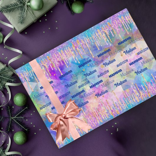 Chic blue aqua unicorn dripping Glitzer monogram Geschenkpapier Set