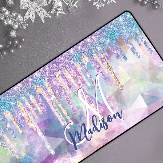 Chic blue aqua unicorn dripping Glitzer monogram Schreibtischunterlage