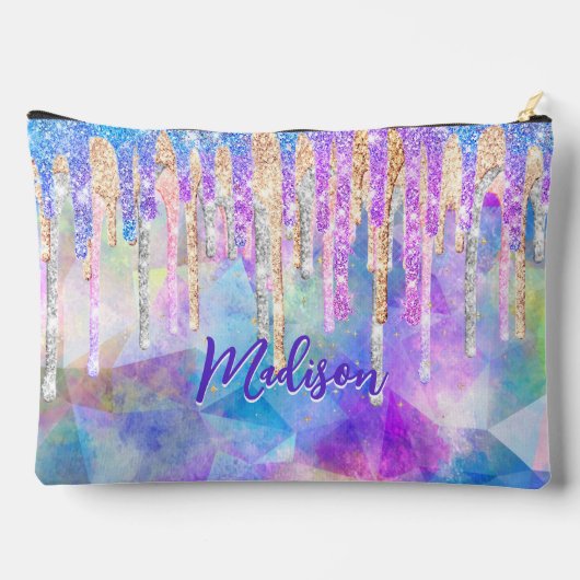 Chic blue aqua unicorn dripping Glitzer monogram Zubehörtasche (Rückseite)