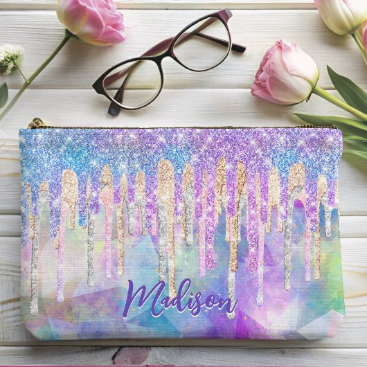 Chic blue aqua unicorn dripping Glitzer monogram Zubehörtasche