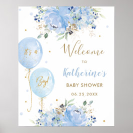 Chic Blue Balloons Floral Boy Baby Dusche Willkomm Poster