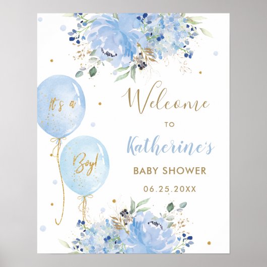 Chic Blue Balloons Floral Boy Baby Dusche Willkomm Poster (Vorne)