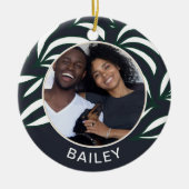 Chic Blue Botanical Dog Foto und Name Weihnachten Keramik Ornament (Vorne)