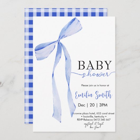 Chic Blue Boy Coquette Bow Baby Dusche Einladung (Vorne/Hinten)