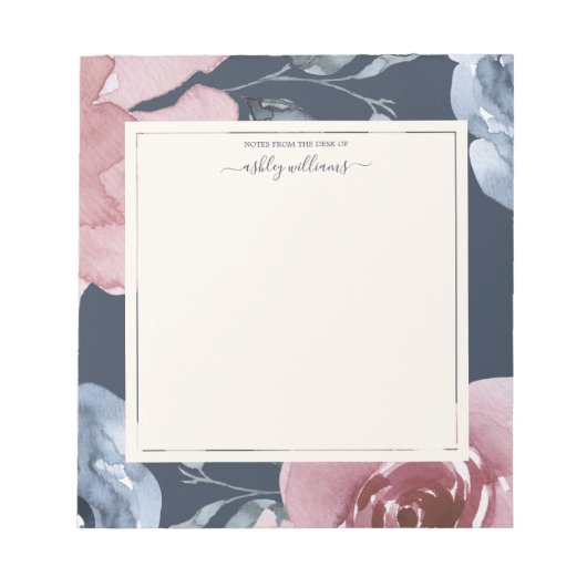 Chic Blue Burgundy Rose Dark Blue Personalisiert Notizblock (Vorderseite)