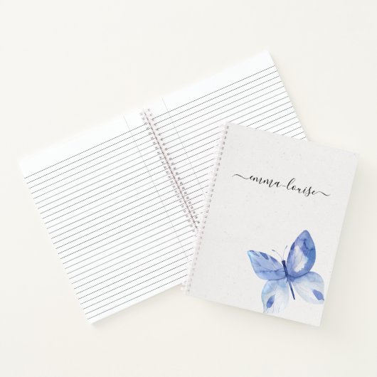 Chic Blue Butterfly Calligraphy Monogram Notizblock (Innenseite)