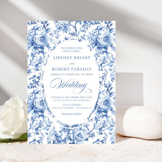 Chic Blue Chinoiserie Toile Floral Wedding Invite Einladung