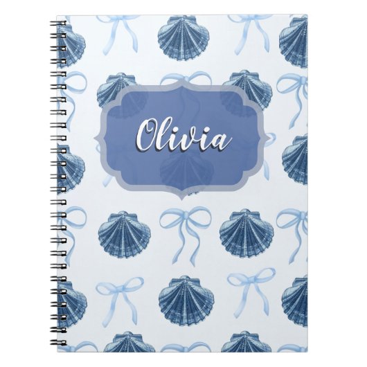 Chic Blue Coastal Shells and Bows Personalized Notizblock (Vorderseite)