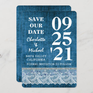 Chic Blue Denim Lace Modern Save the Date Einladung