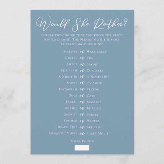 Chic Blue Downloadable Bridal Shower Guess Game Karte (Vorderseite)