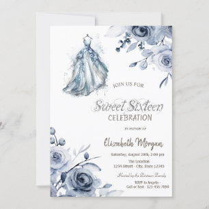 Chic Blue Dress Blue Rose Sweet 16 Einladung