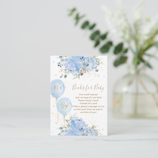 Chic Blue Floral Balloons Baby Boy bringen Buch Begleitkarte (Stehend Vorderseite)