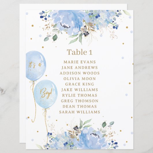 Chic Blue Floral Balloons Babydusche Sign (Vorne/Hinten)